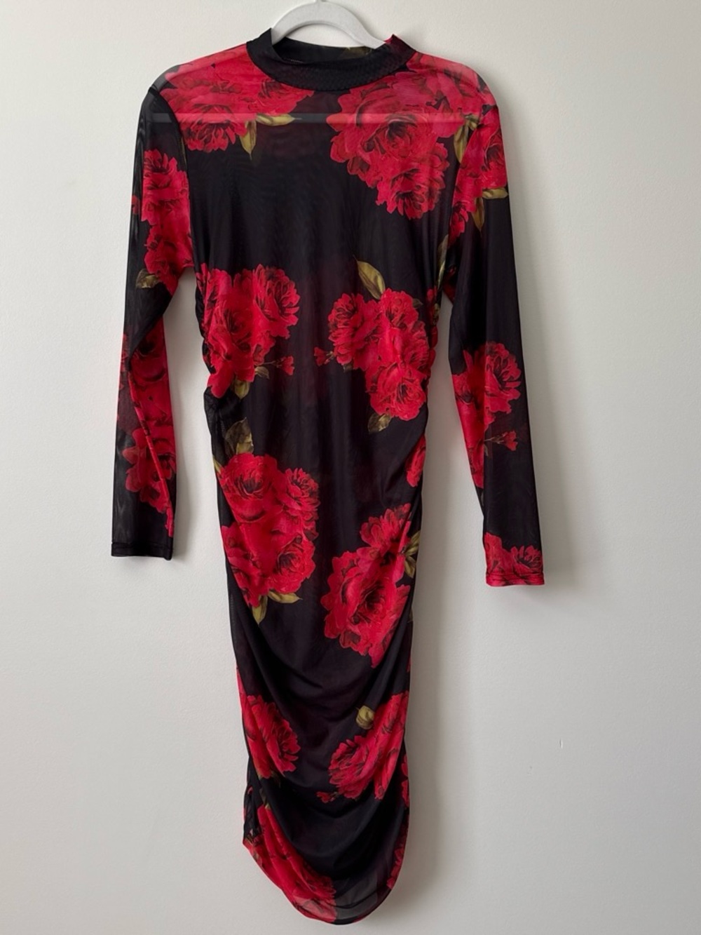 Black and red rose sheer mesh ruched midi dress L